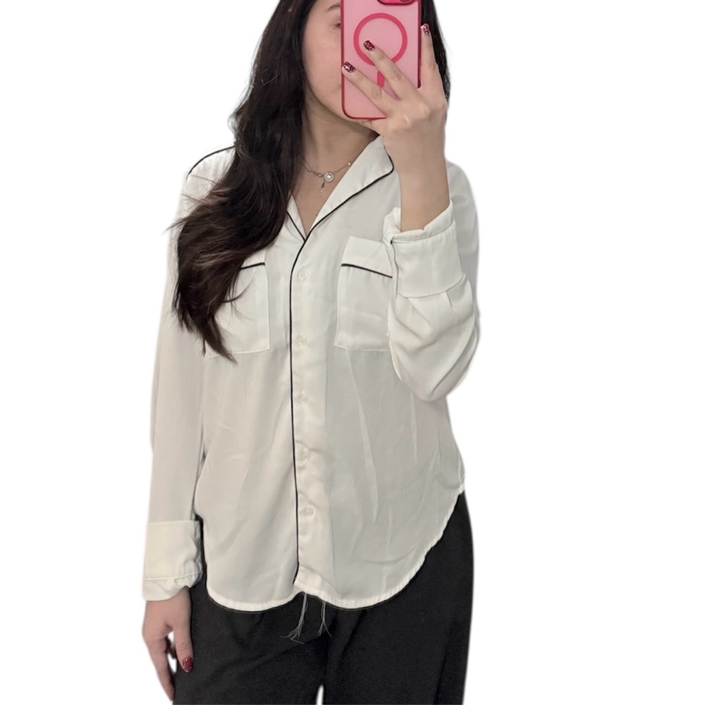 Renamed Boutique White Contrast Trim Blouse Colorblock Business Casual Size M